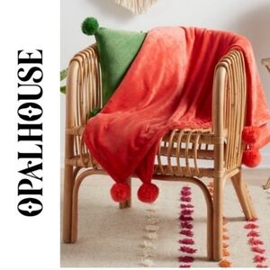 Opalhouse plush throw blanket with faux fur pom poms Coral Pink Red